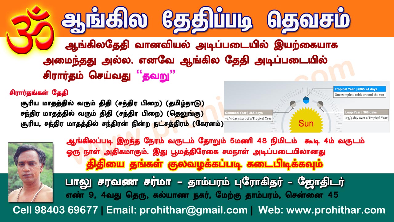 சிரார்தம், தெவசம், திதி, தர்பணம், பித்ருபூஜை, புரோகிதர், Tambaram Astrologer, Prohithar,Thevasam, Balu Saravana Sarma